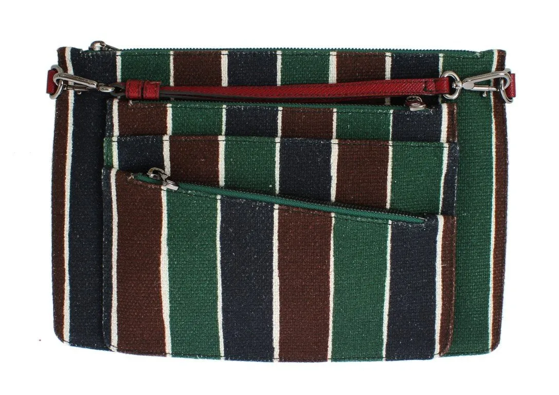 Multicolor Striped Linen Leather Organizer Hand Bag
