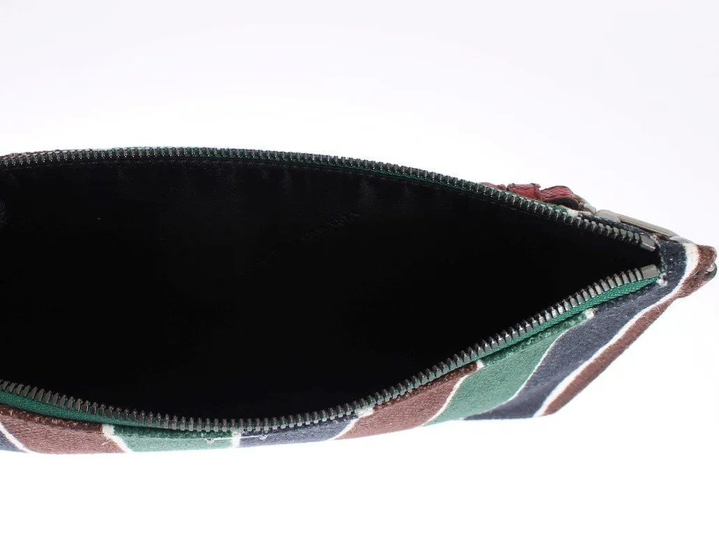Multicolor Striped Linen Leather Organizer Hand Bag