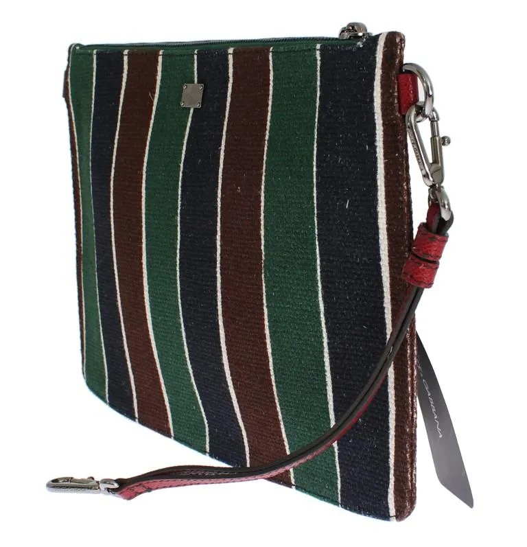 Multicolor Striped Linen Leather Organizer Hand Bag