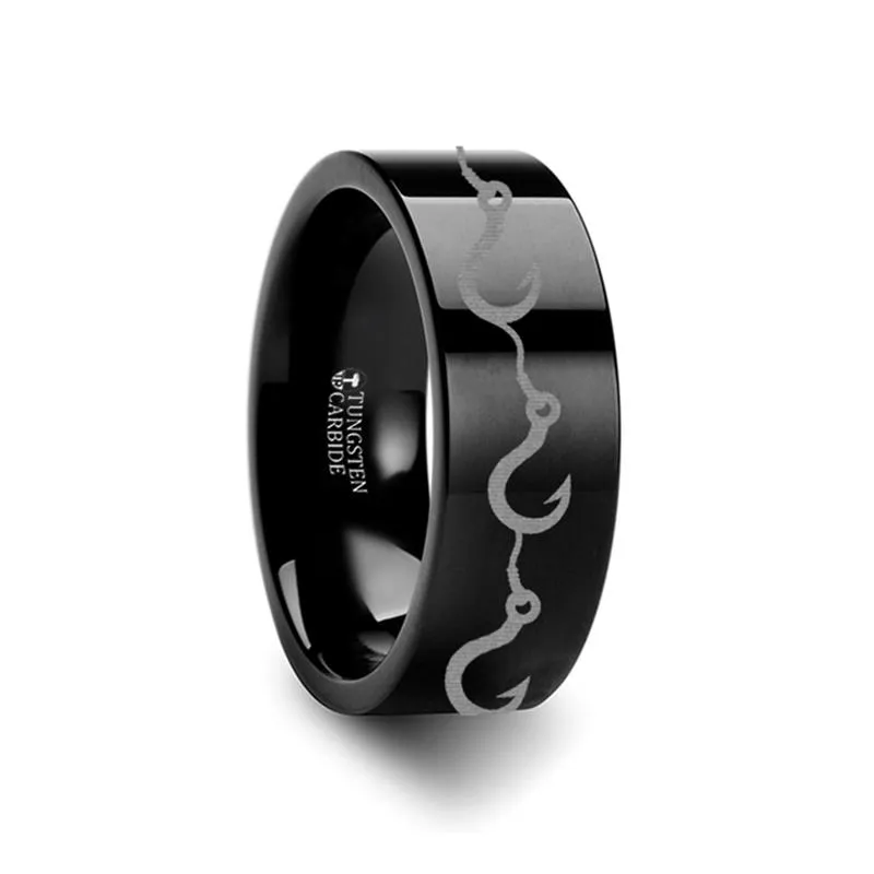 Multiple Fishing Hook Pattern Print Engraved Flat Tungsten Couple Matching Ring - 4MM - 12MM