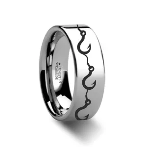 Multiple Fishing Hook Pattern Print Engraved Flat Tungsten Couple Matching Ring - 4MM - 12MM