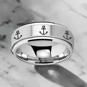 NAVIGATOR | Silver Tungsten Ring, Fidget Spinner, Laser Engraved Anchor, Beveled