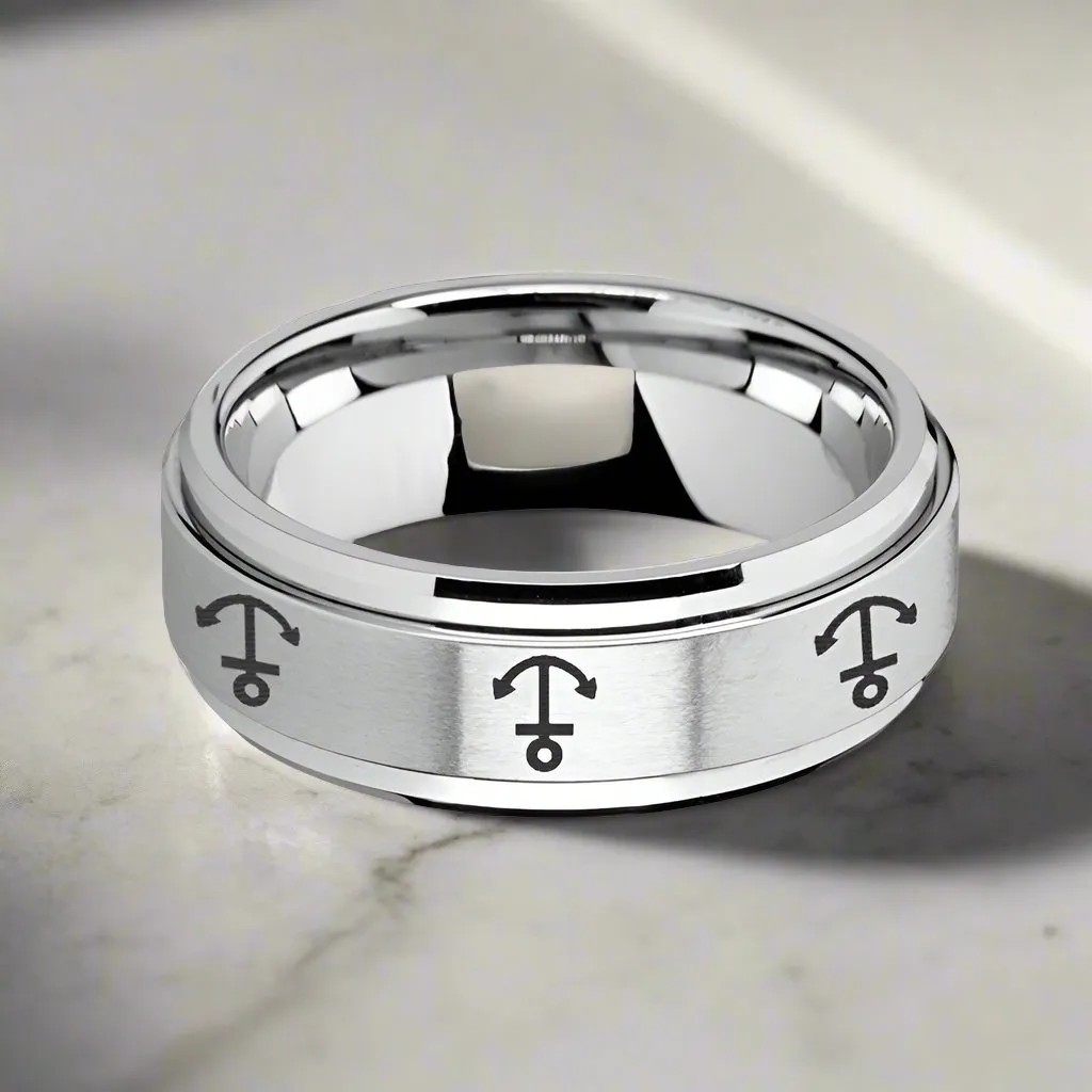 NAVIGATOR | Silver Tungsten Ring, Fidget Spinner, Laser Engraved Anchor, Beveled