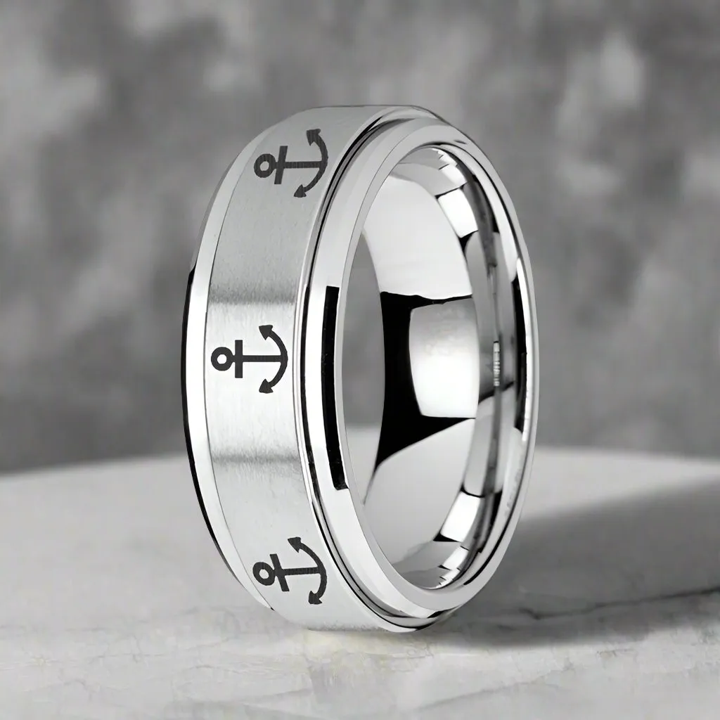 NAVIGATOR | Silver Tungsten Ring, Fidget Spinner, Laser Engraved Anchor, Beveled