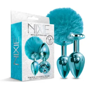 NIXIE Metal Butt Plug Set Pom Pom and Jewel-Inlaid Metallic Blue | Booty Kit