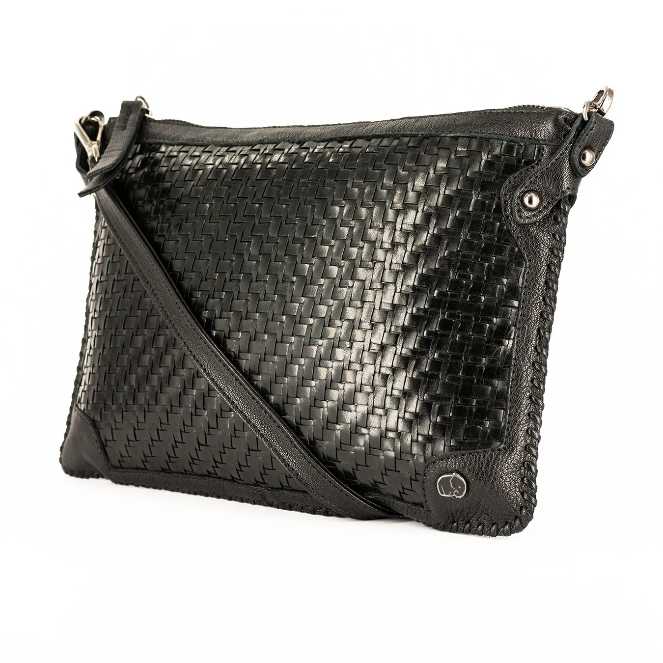 Onalo : Ladies Leather Crossbody Handbag in Black Seneca and Black Cayak
