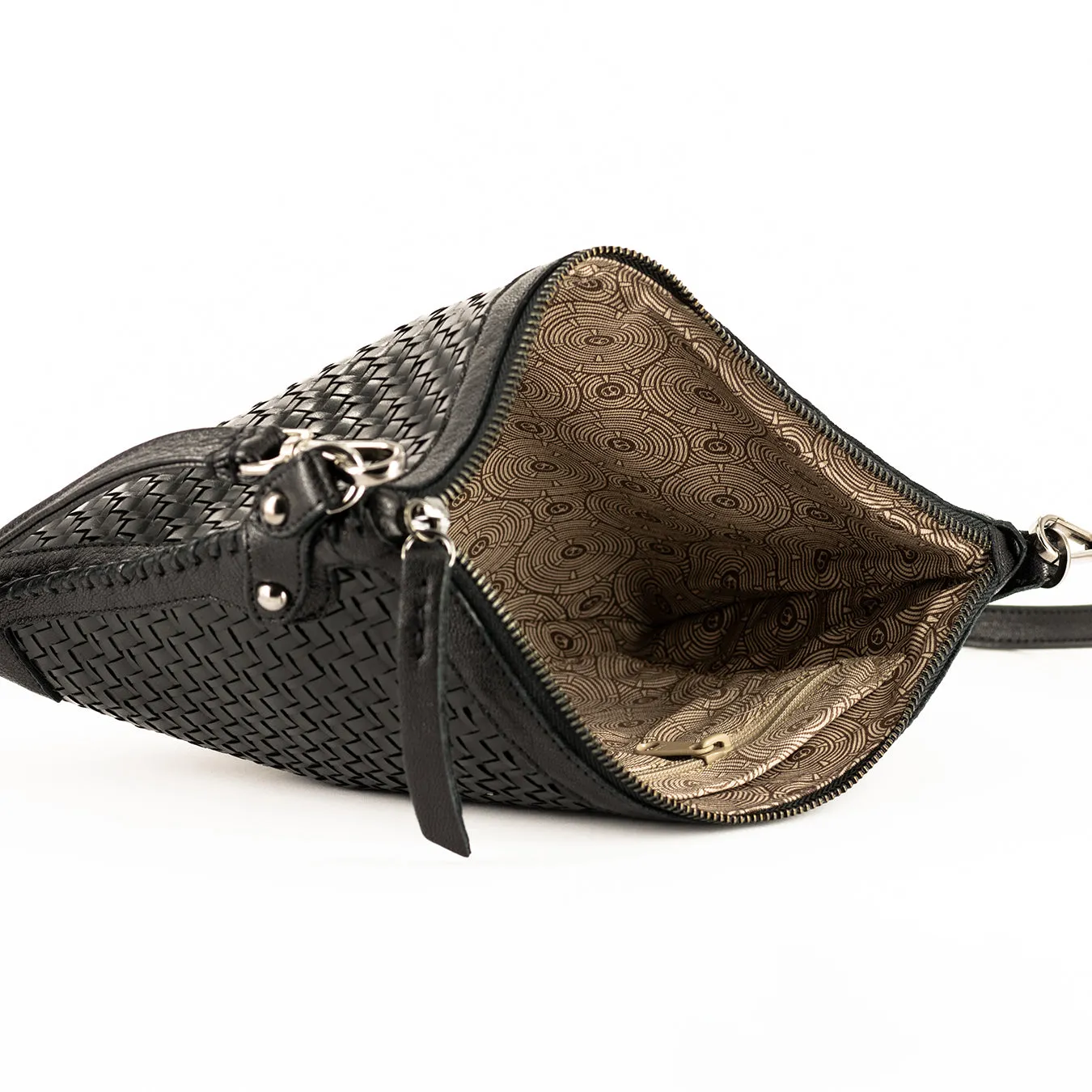 Onalo : Ladies Leather Crossbody Handbag in Black Seneca and Black Cayak