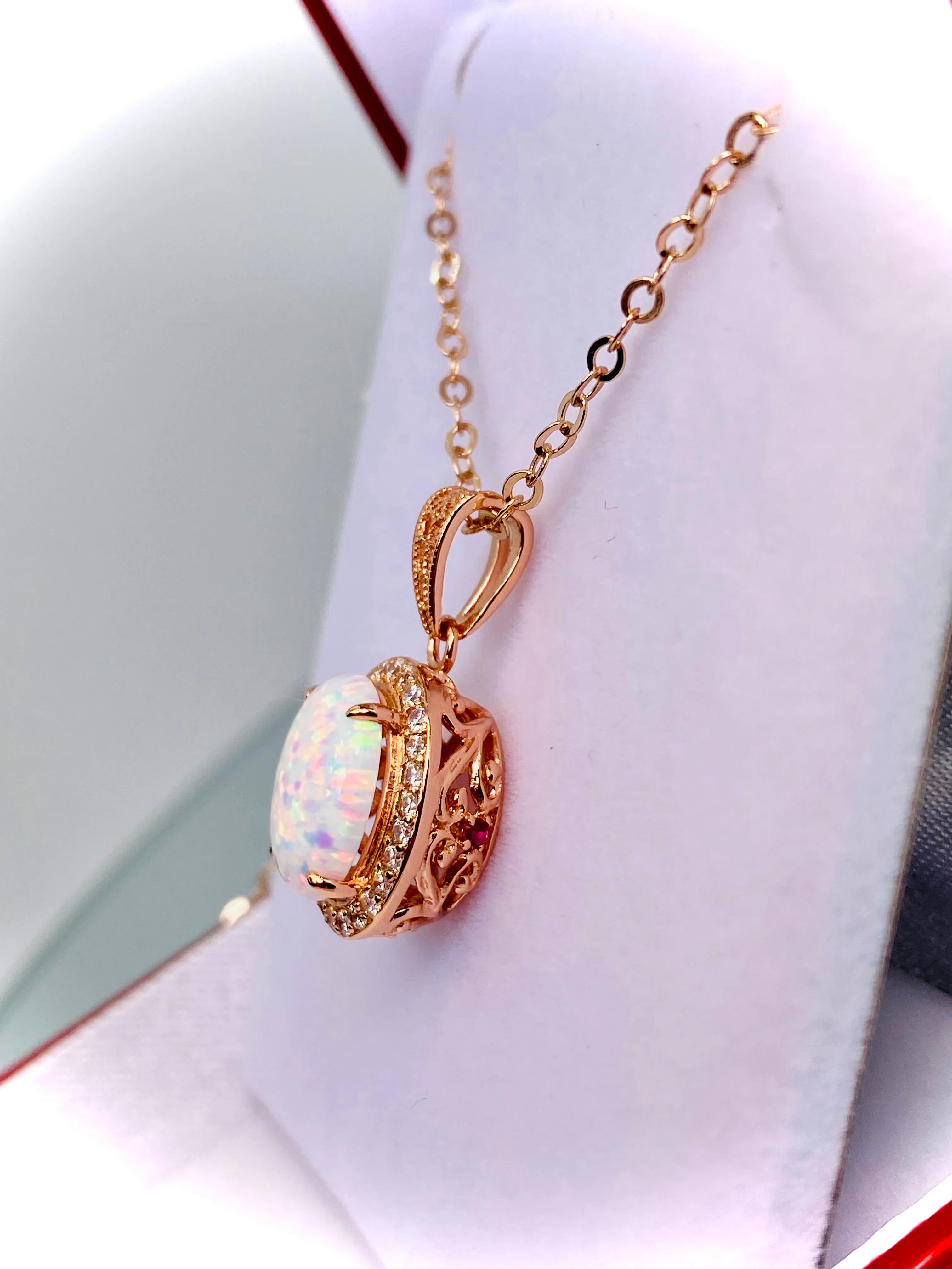 Opal Halo Pendant, Rose Gold Jewelry, Art Deco Jewelry, P228