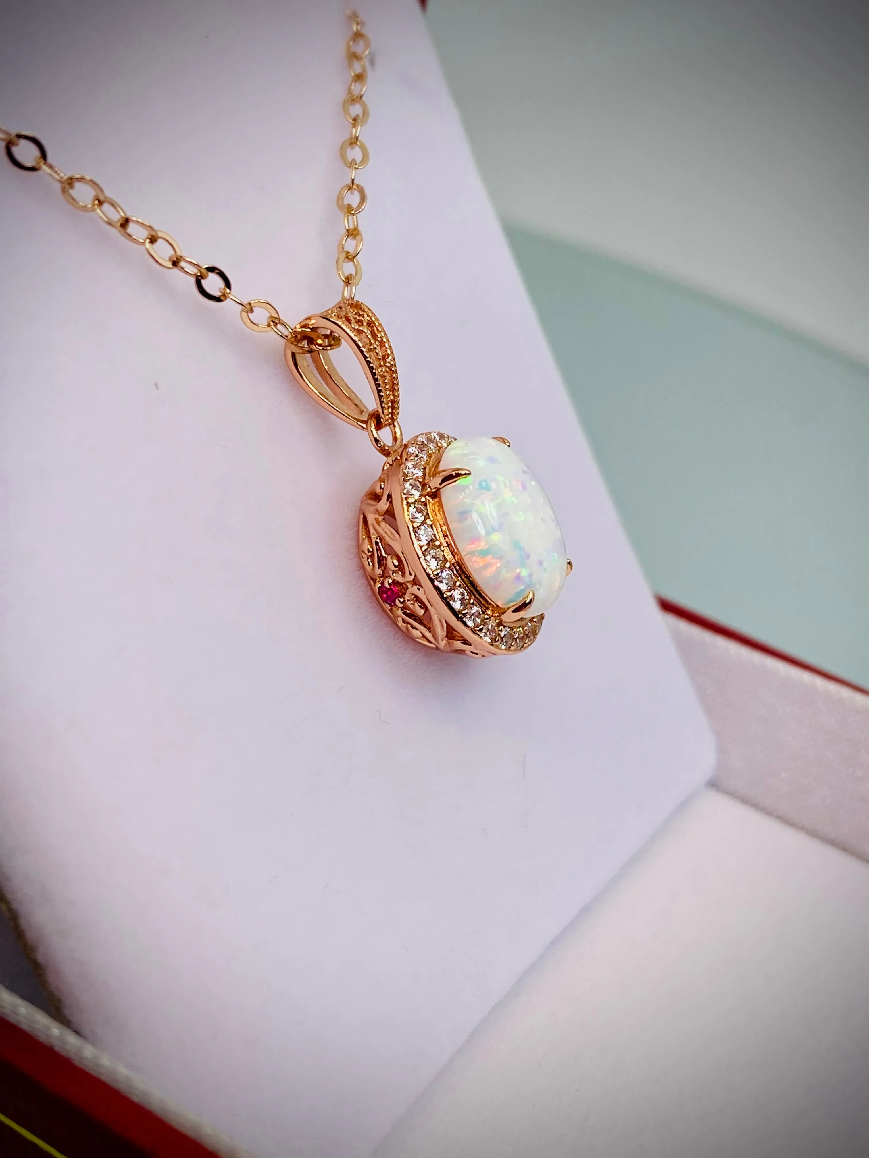 Opal Halo Pendant, Rose Gold Jewelry, Art Deco Jewelry, P228