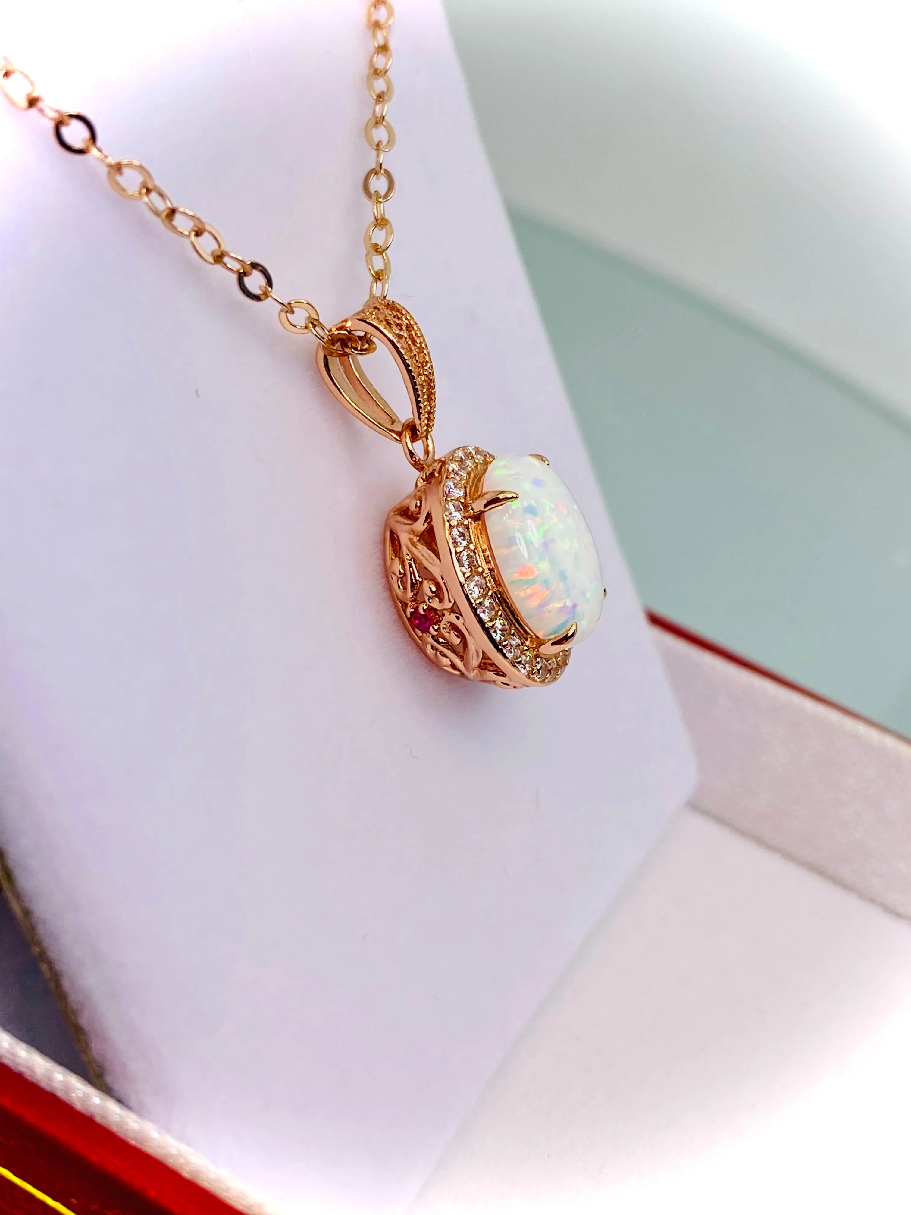 Opal Halo Pendant, Rose Gold Jewelry, Art Deco Jewelry, P228
