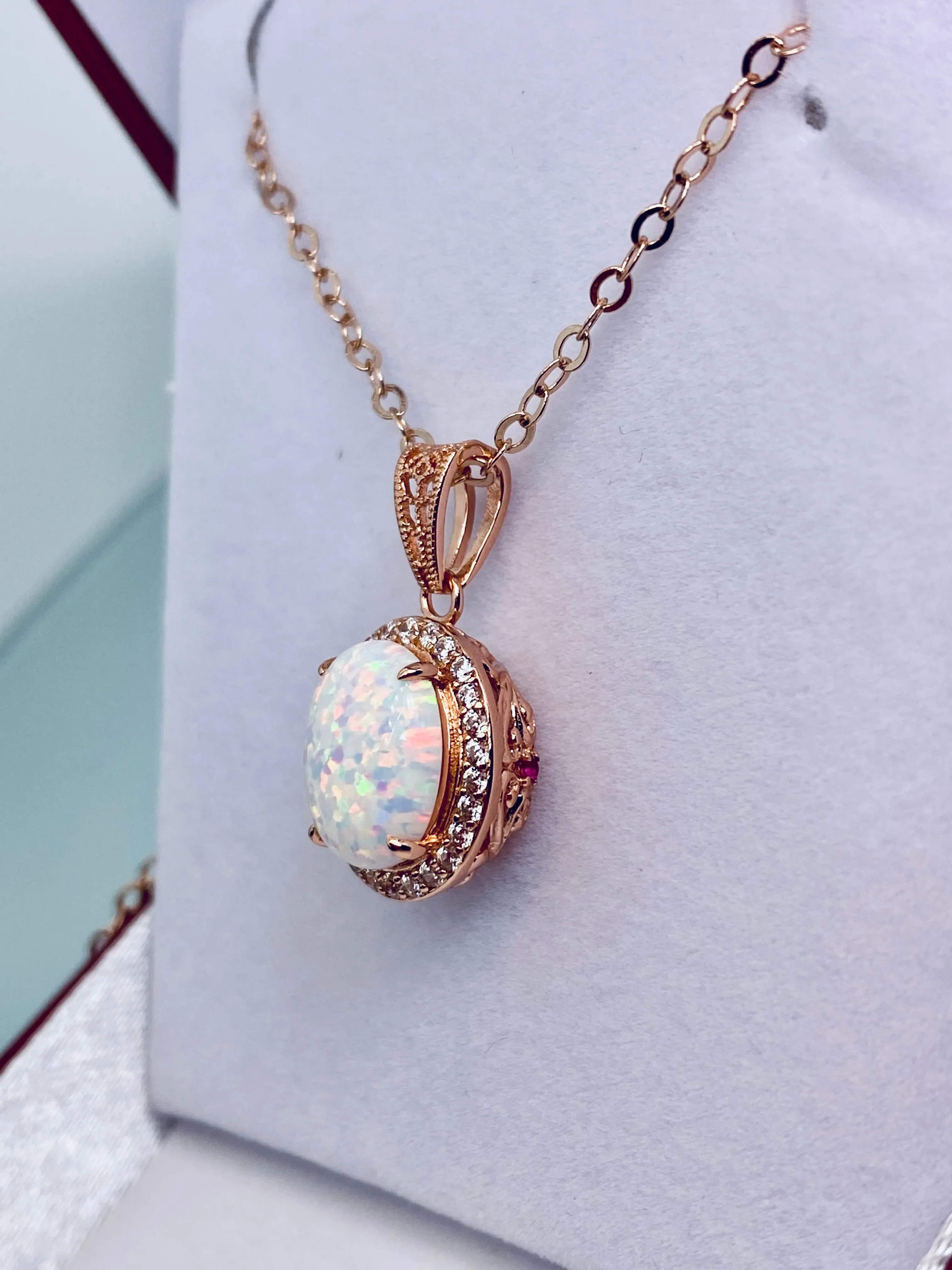 Opal Halo Pendant, Rose Gold Jewelry, Art Deco Jewelry, P228