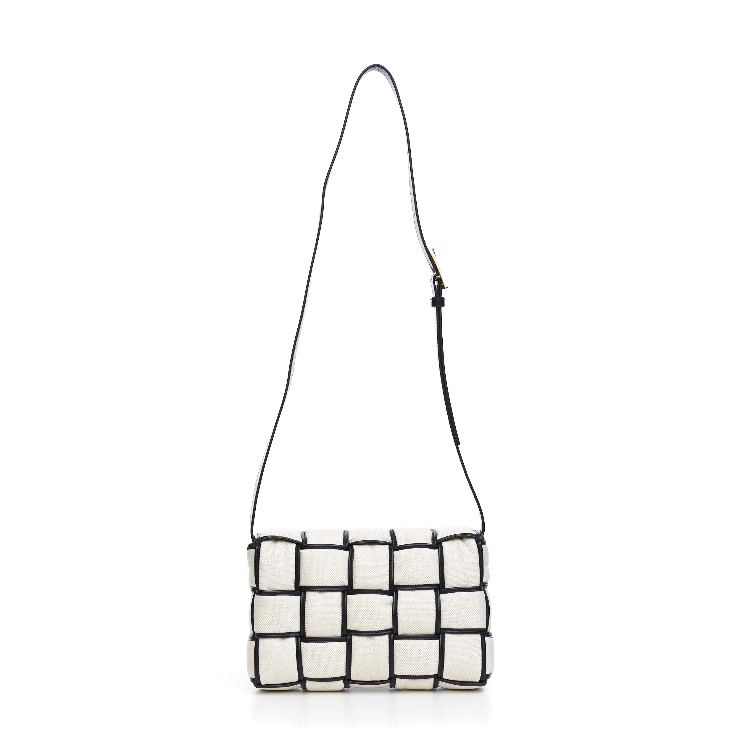 Padded Cassette Cross-Body Bag In Natural/Black Intreccio Canvas