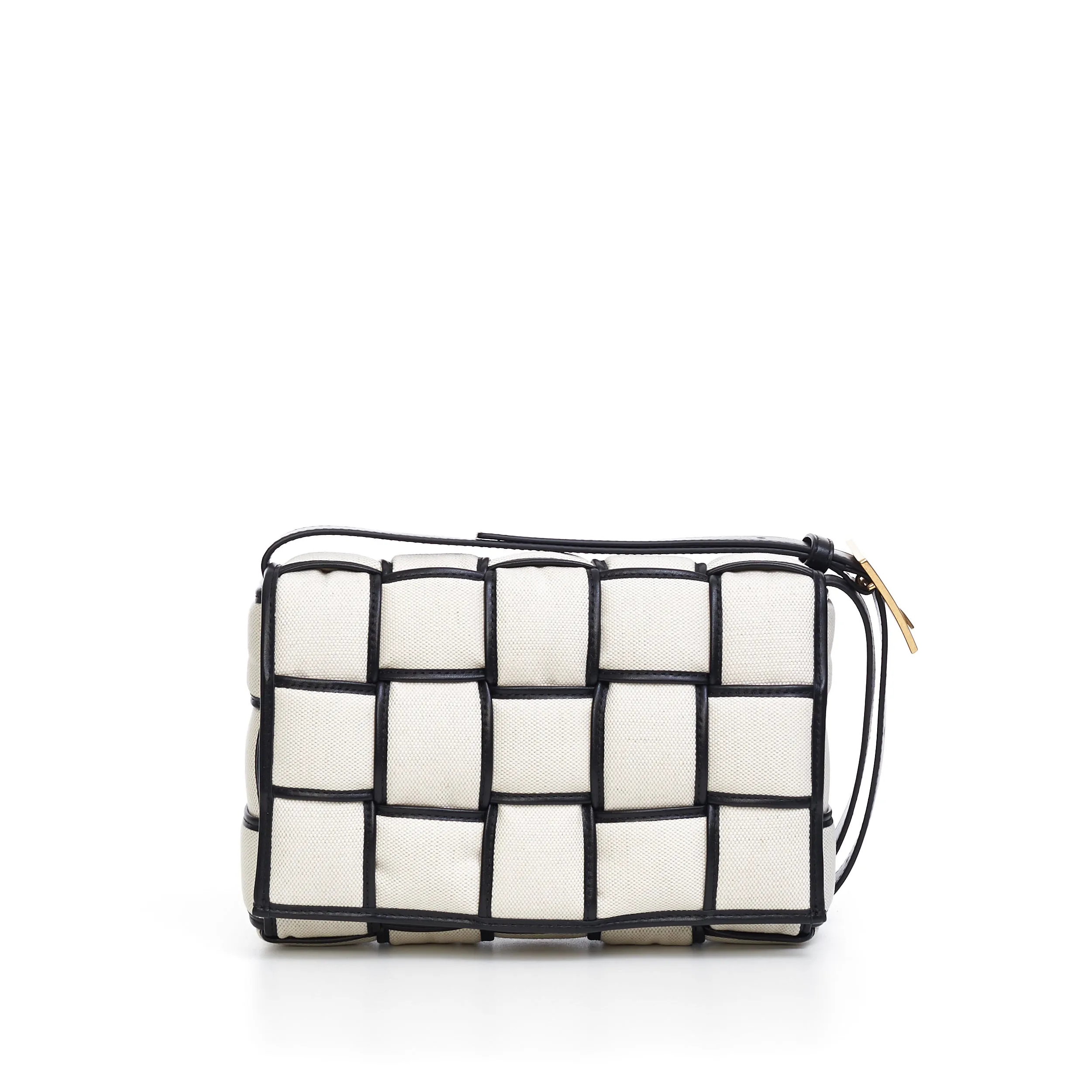 Padded Cassette Cross-Body Bag In Natural/Black Intreccio Canvas