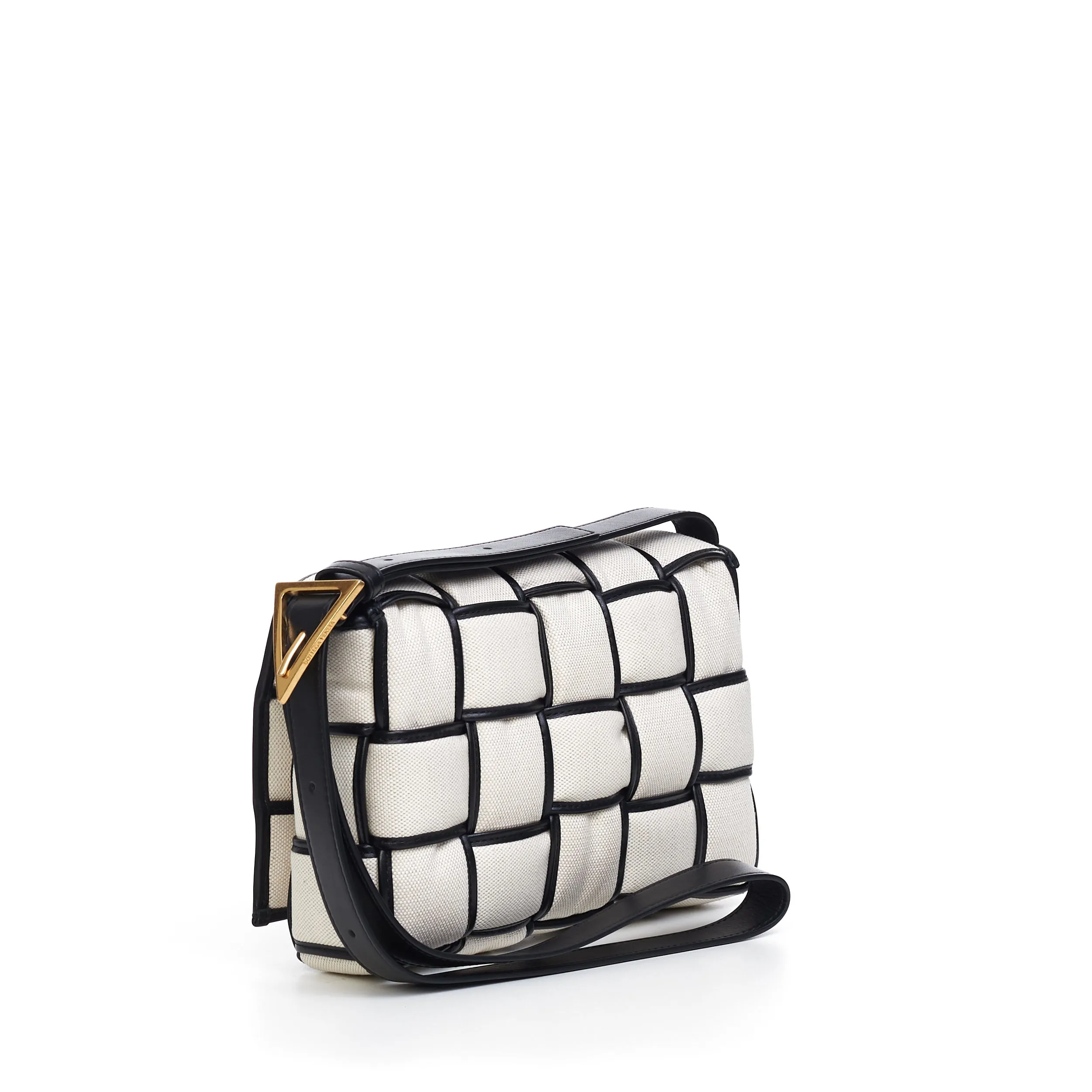 Padded Cassette Cross-Body Bag In Natural/Black Intreccio Canvas