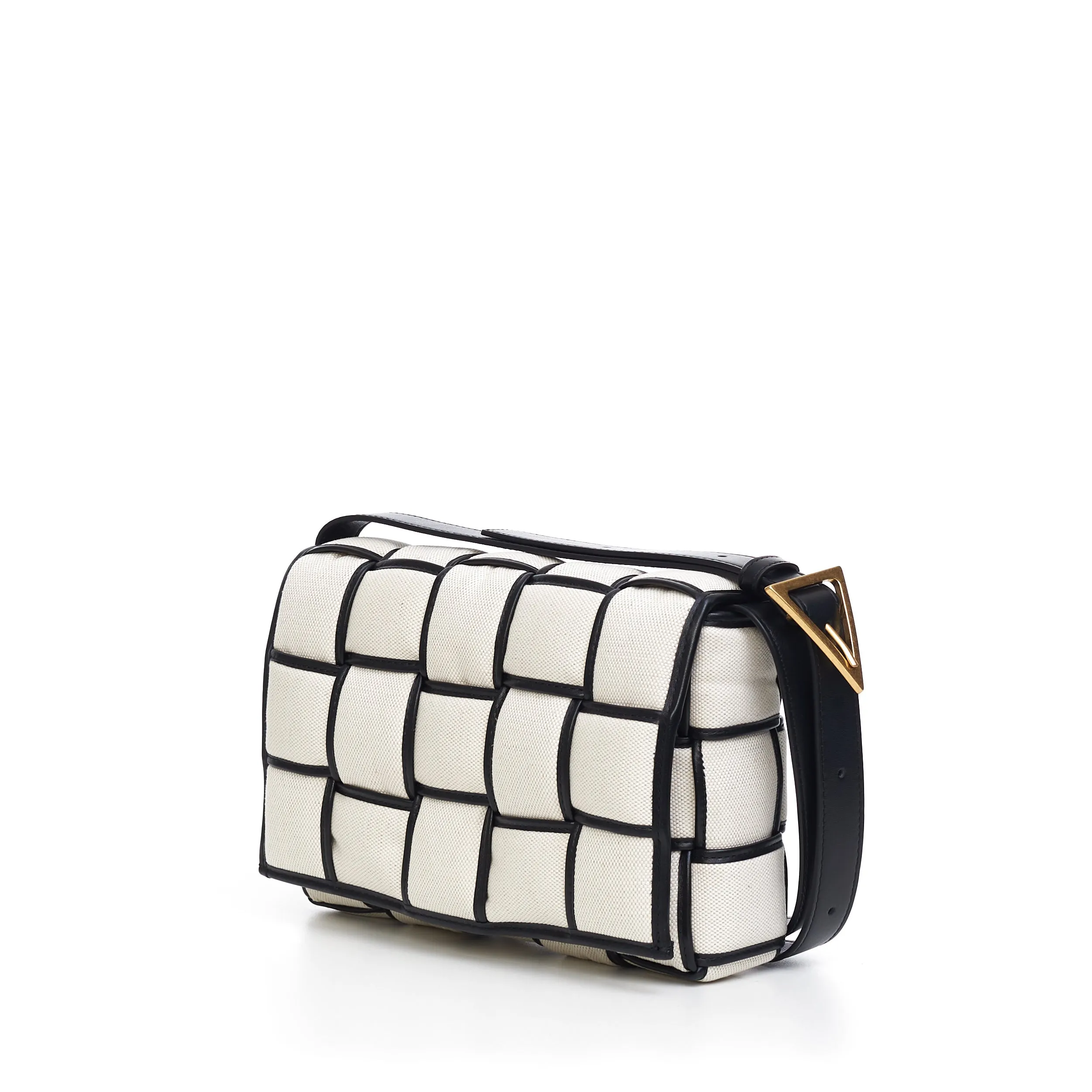 Padded Cassette Cross-Body Bag In Natural/Black Intreccio Canvas