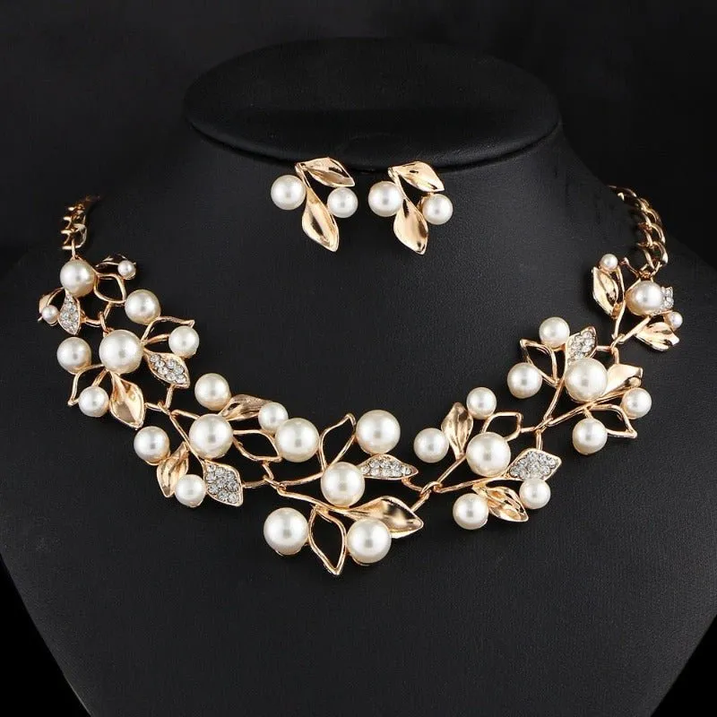 Pearl Leaf Jewelry Set Necklace Earrings Women Jewelry