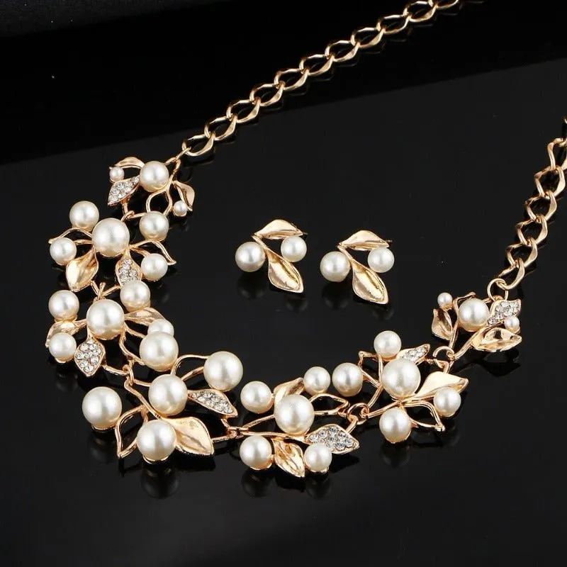 Pearl Leaf Jewelry Set Necklace Earrings Women Jewelry