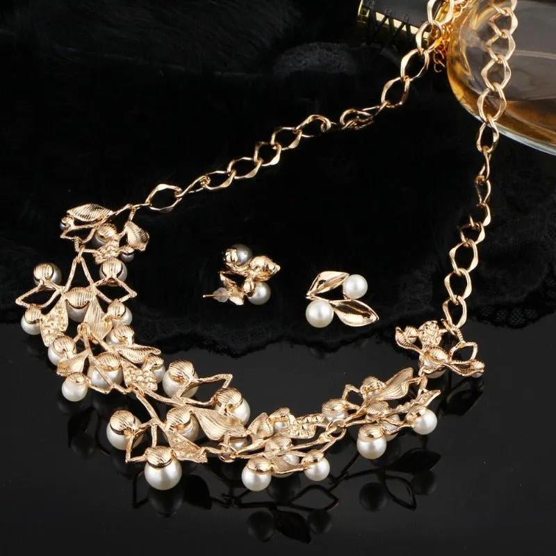 Pearl Leaf Jewelry Set Necklace Earrings Women Jewelry