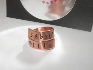 personalized Copper wrap ring, personalized ring, custom hand stamped  jewelry , mommy ring, kids names ring ,  couples ring , name ring
