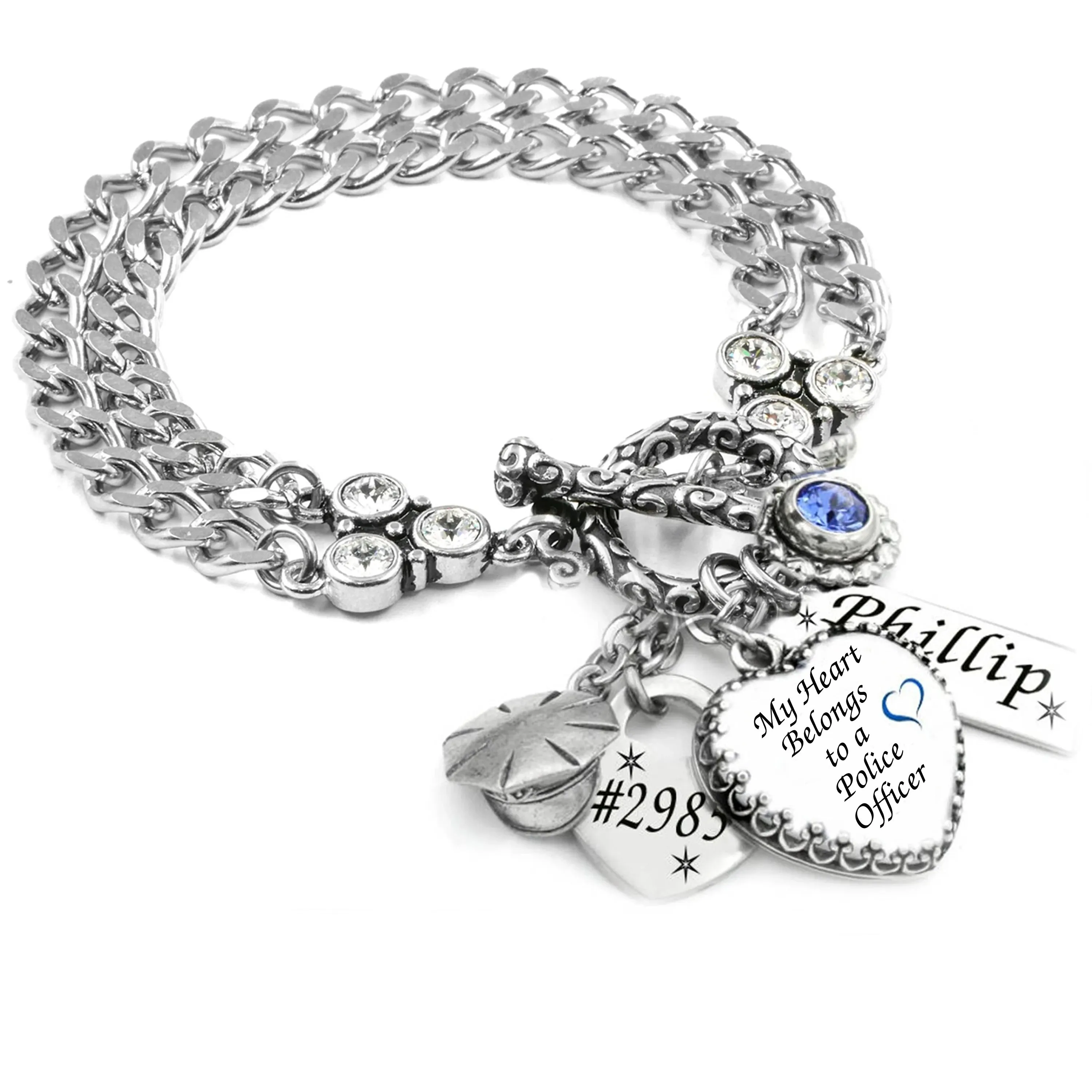 Personalized Police Officer Heart Charm Bracelet