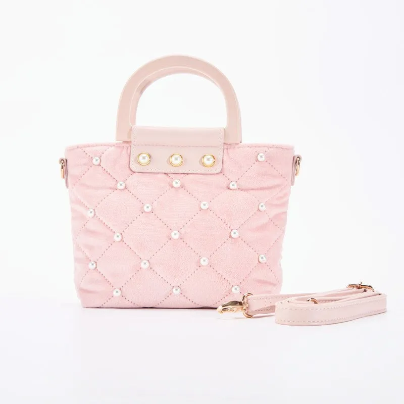 Pink Quilted Velvet Purse with Pearls