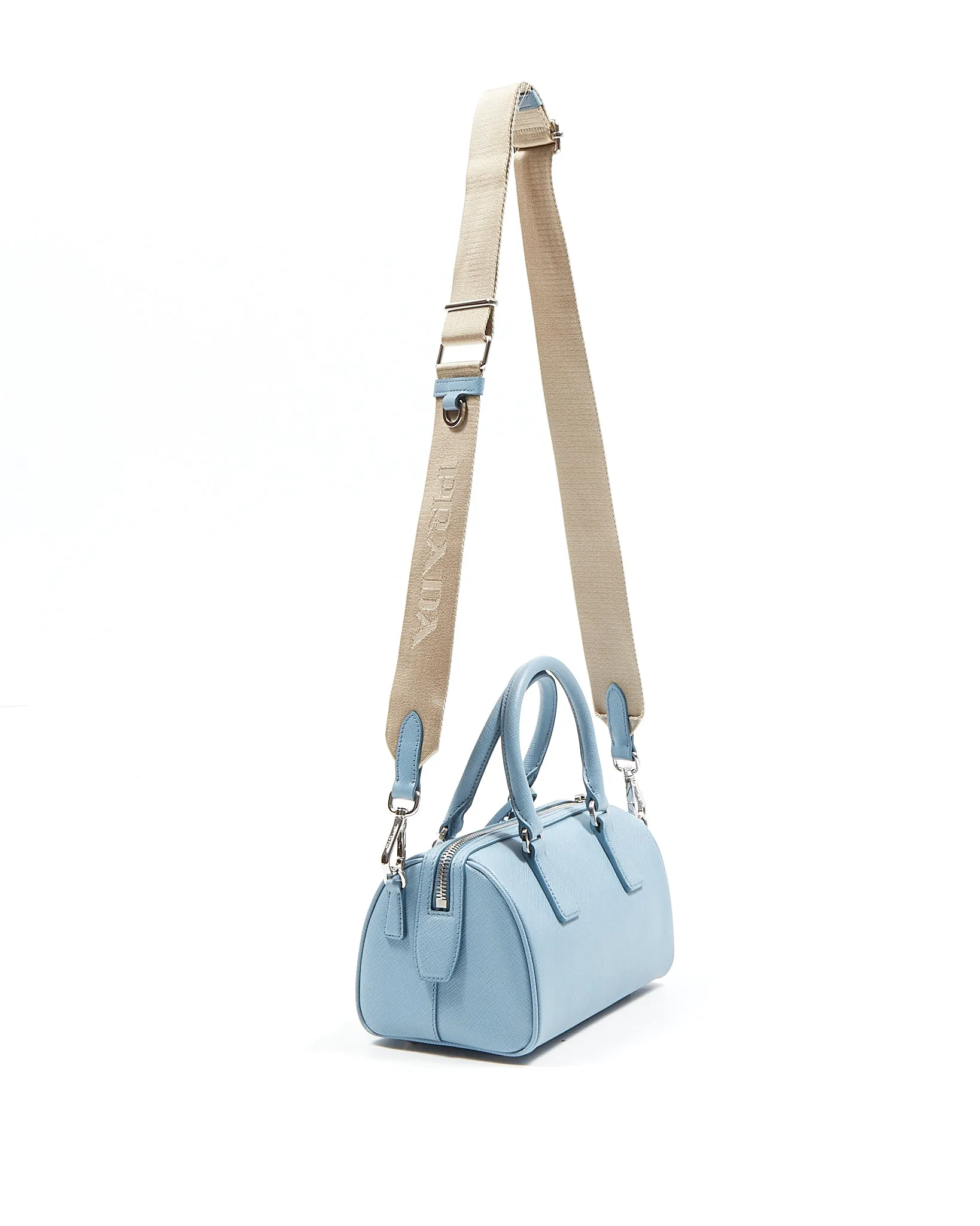 Prada Baby Blue Saffiano Leather Logo Plaque Top Handle Bag