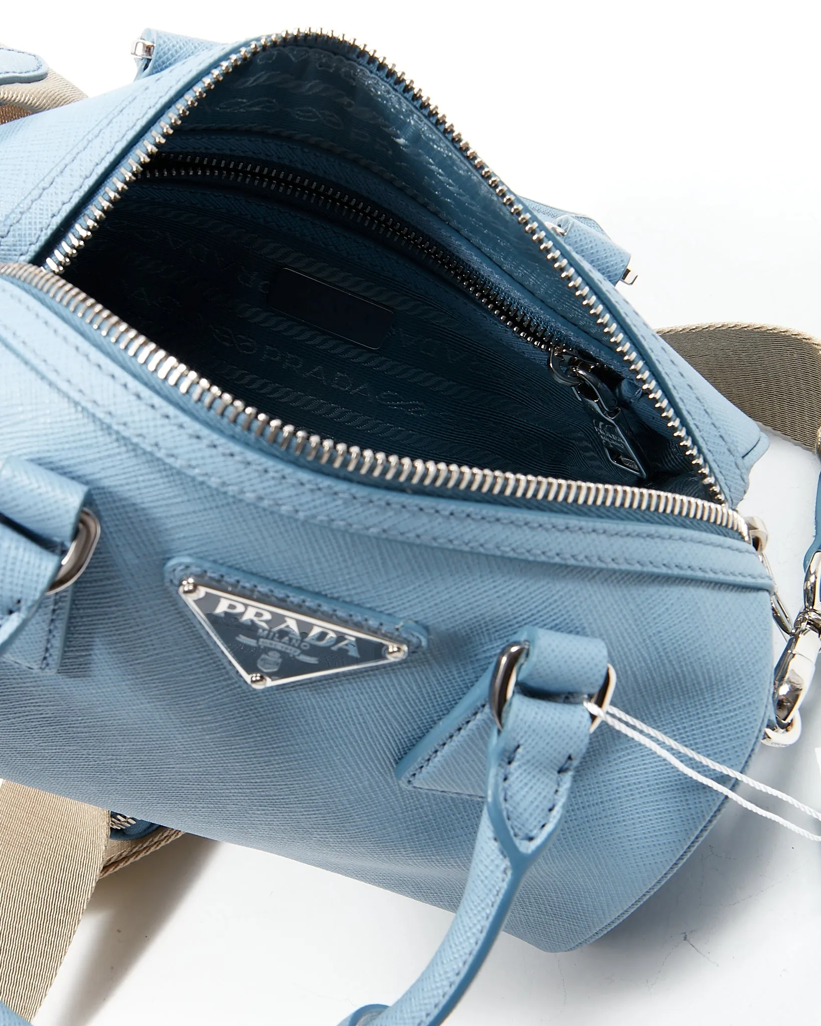 Prada Baby Blue Saffiano Leather Logo Plaque Top Handle Bag