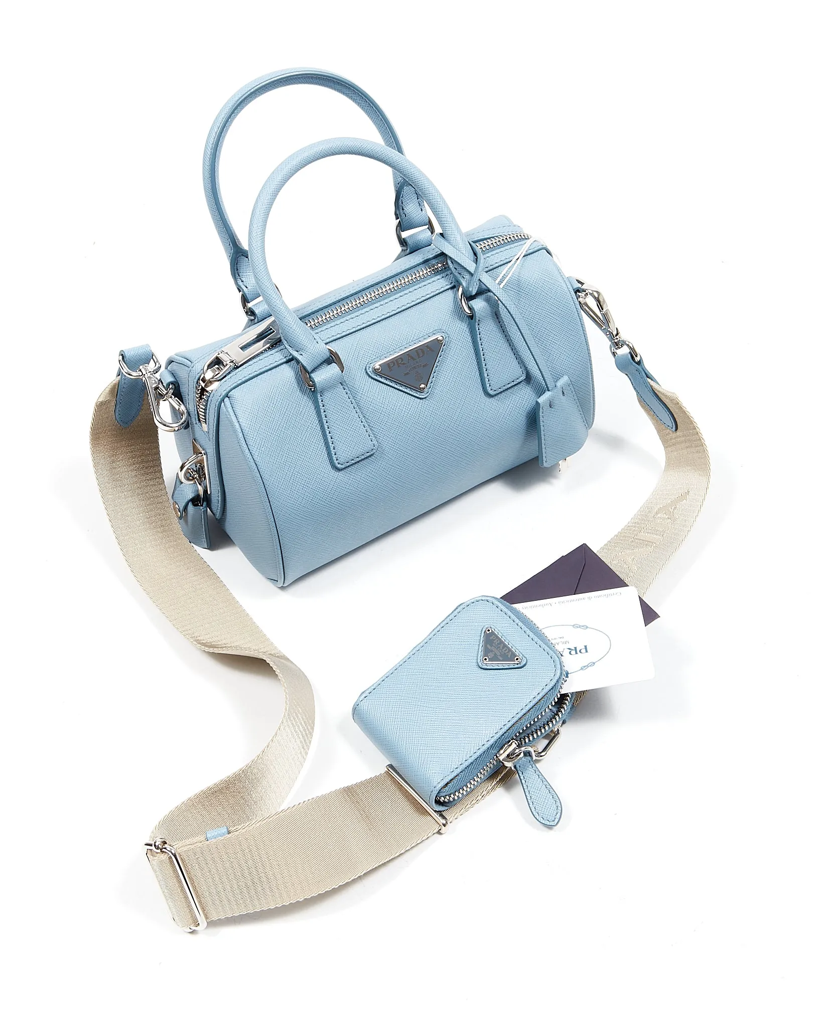 Prada Baby Blue Saffiano Leather Logo Plaque Top Handle Bag