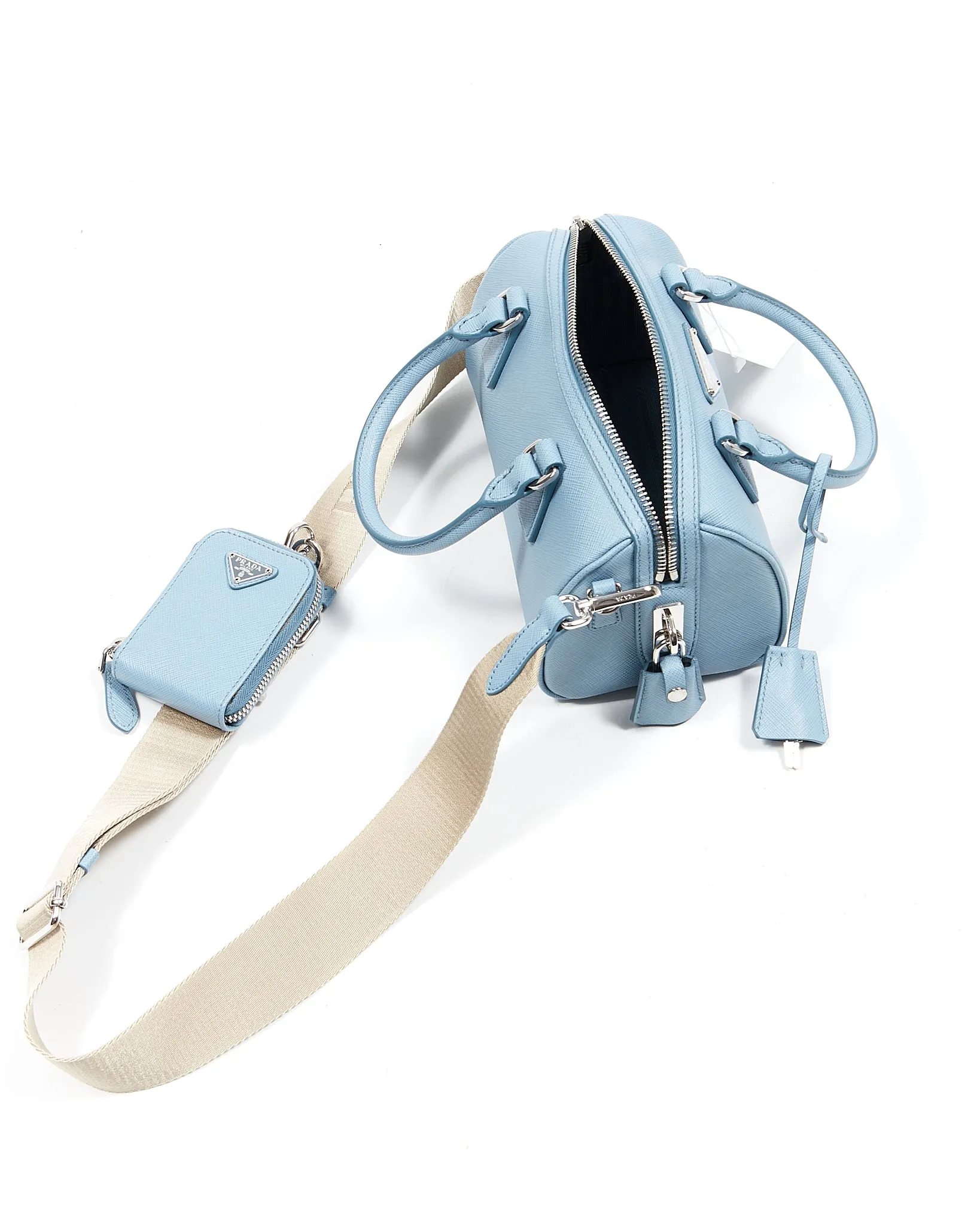 Prada Baby Blue Saffiano Leather Logo Plaque Top Handle Bag