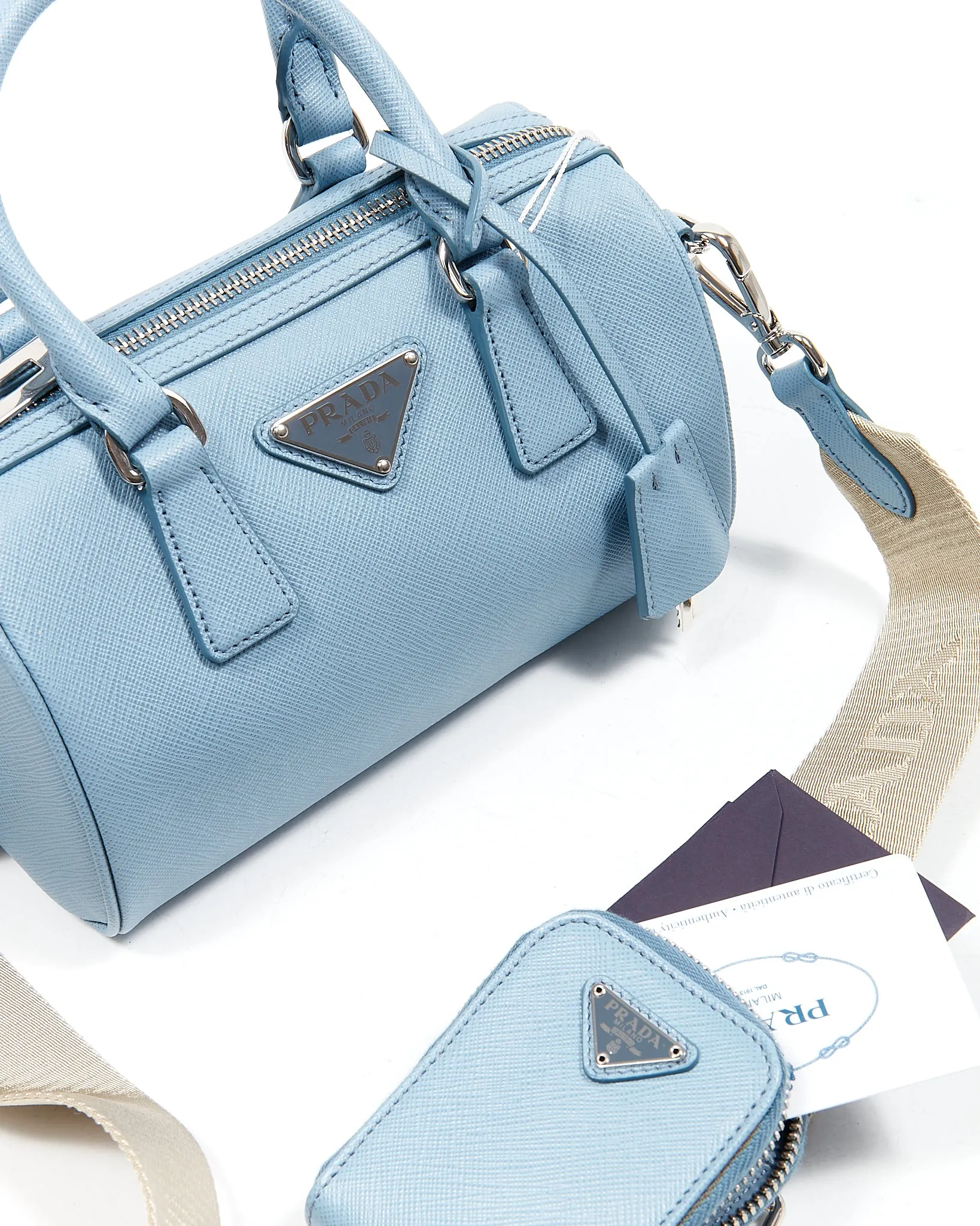 Prada Baby Blue Saffiano Leather Logo Plaque Top Handle Bag