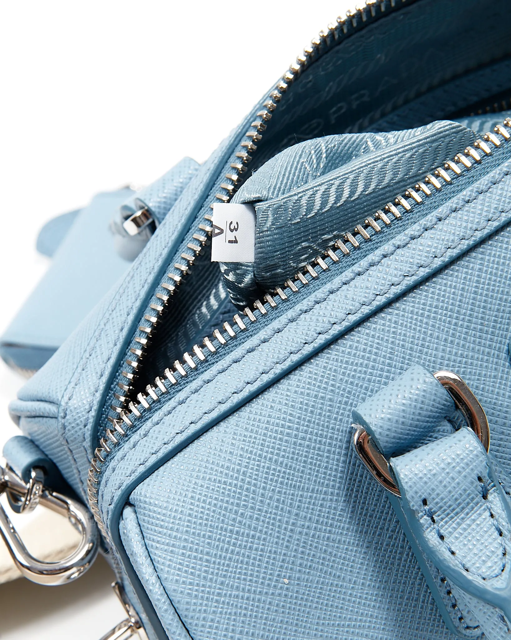 Prada Baby Blue Saffiano Leather Logo Plaque Top Handle Bag