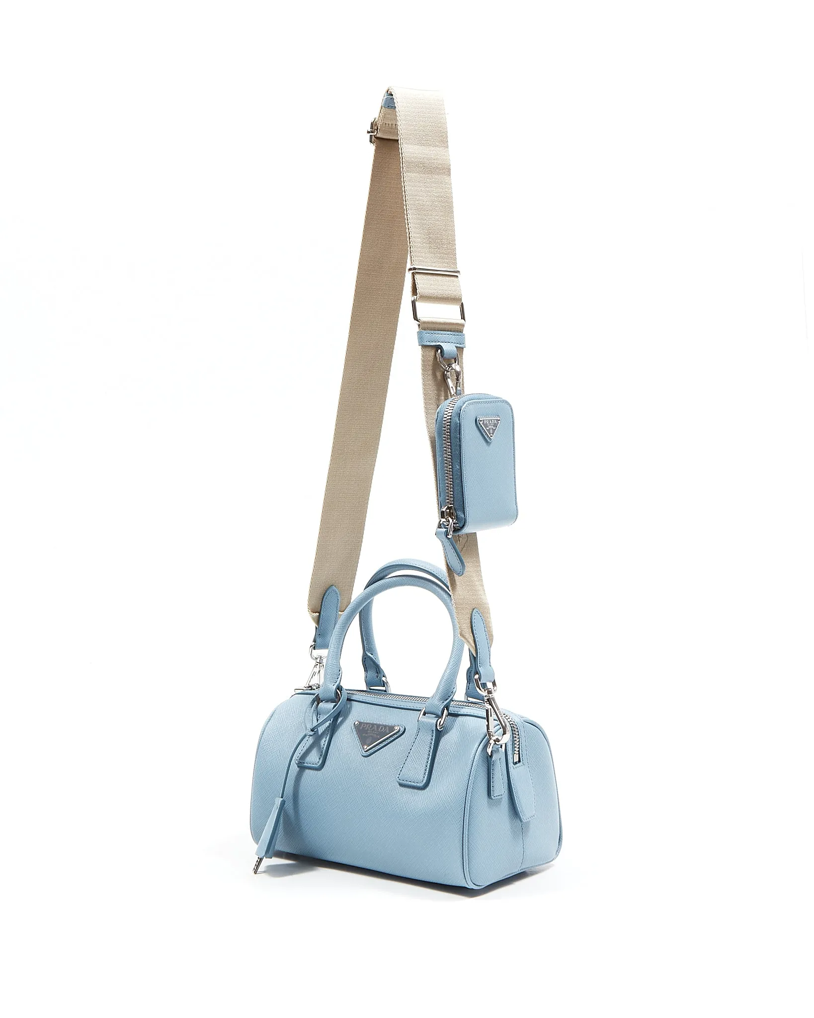 Prada Baby Blue Saffiano Leather Logo Plaque Top Handle Bag