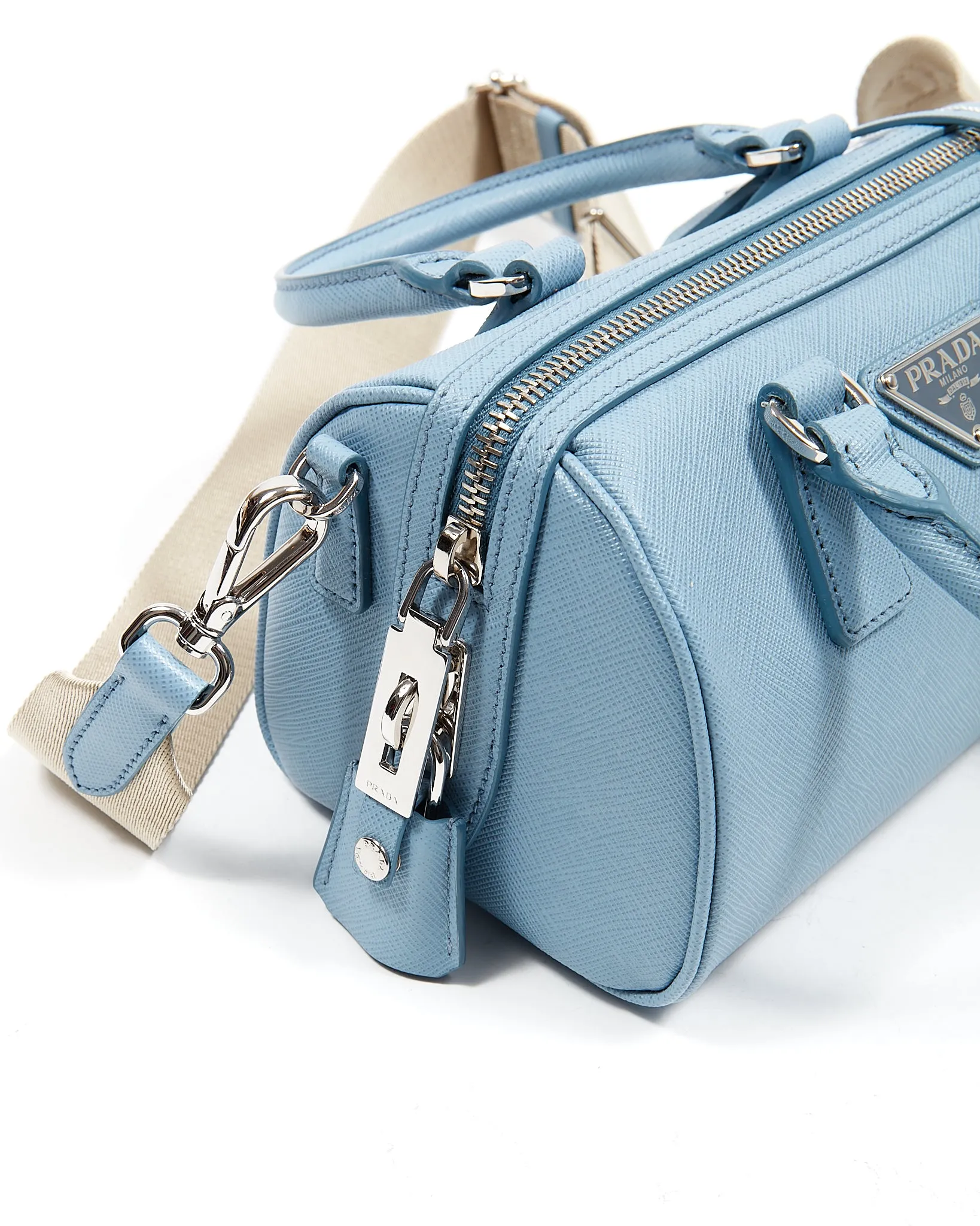 Prada Baby Blue Saffiano Leather Logo Plaque Top Handle Bag