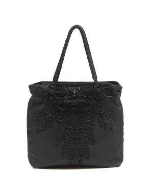Prada Black Nylon Tessuto Embroidered Tote bag