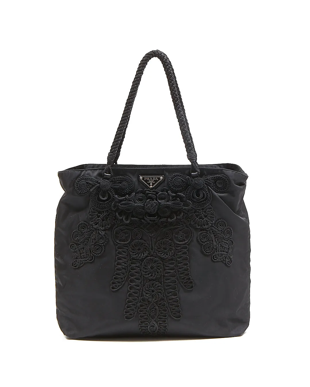 Prada Black Nylon Tessuto Embroidered Tote bag
