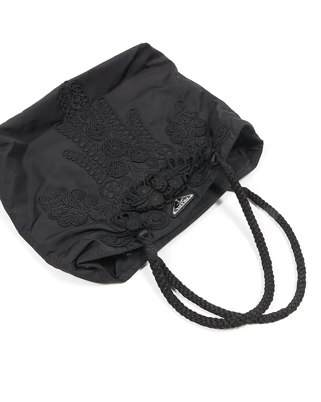 Prada Black Nylon Tessuto Embroidered Tote bag