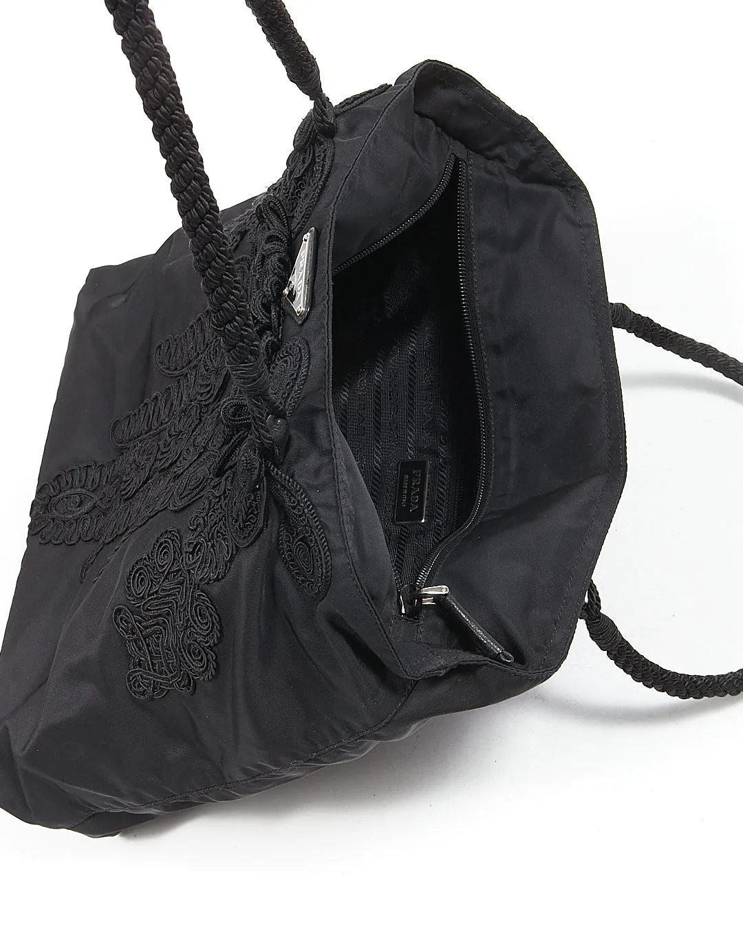 Prada Black Nylon Tessuto Embroidered Tote bag