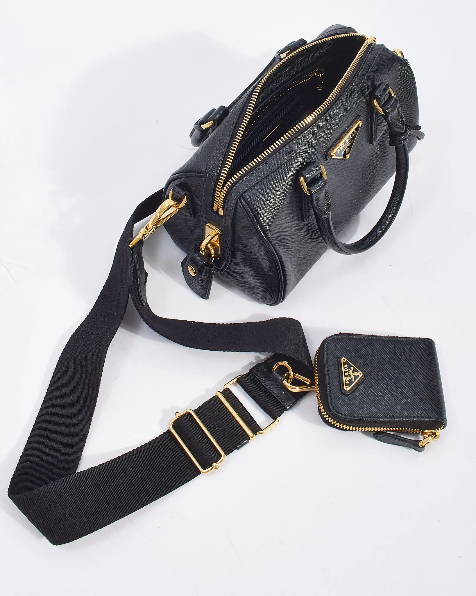 Prada Black Saffiano Leather Mini Top Handle Bowler with Strap
