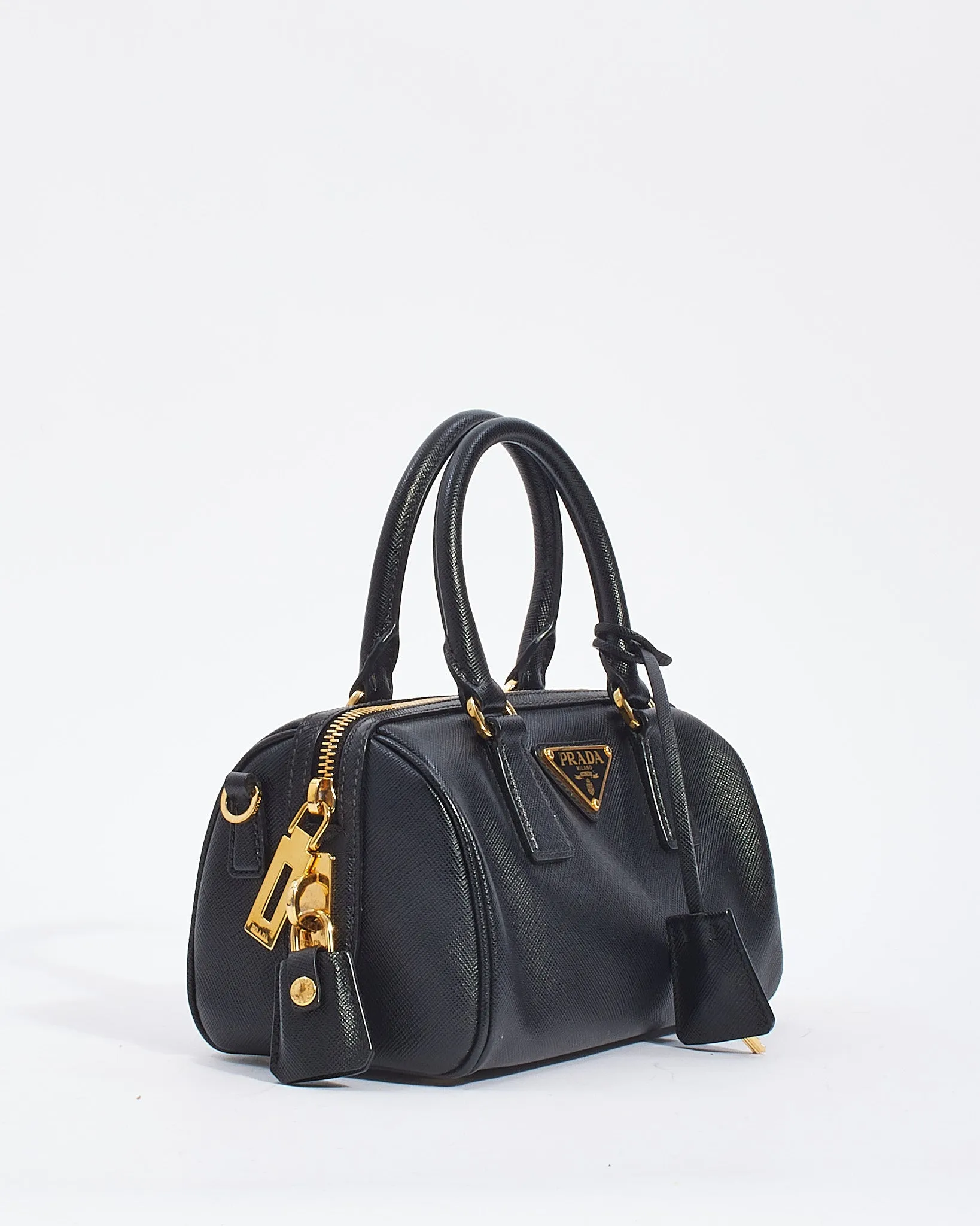 Prada Black Saffiano Leather Mini Top Handle Bowler with Strap