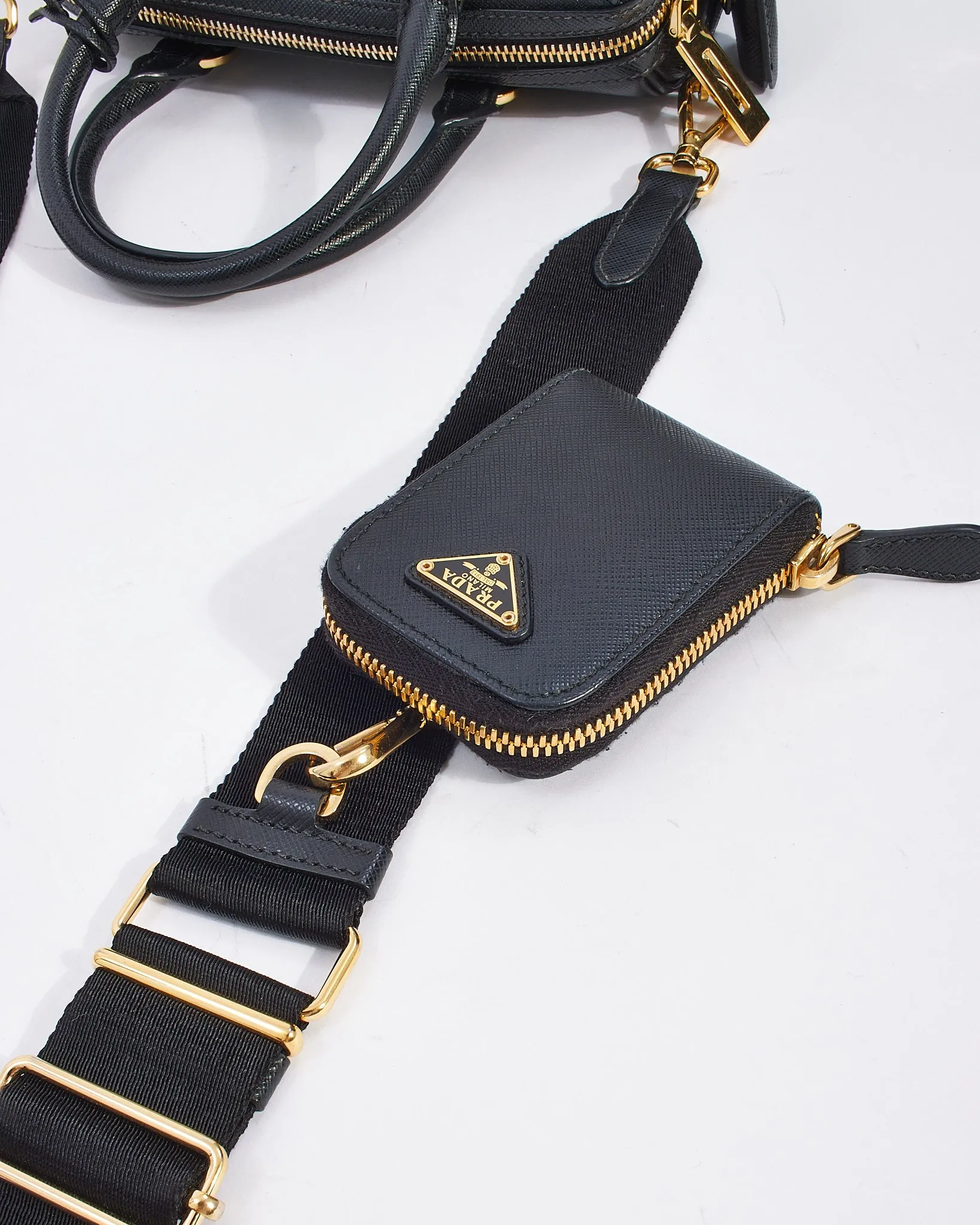 Prada Black Saffiano Leather Mini Top Handle Bowler with Strap
