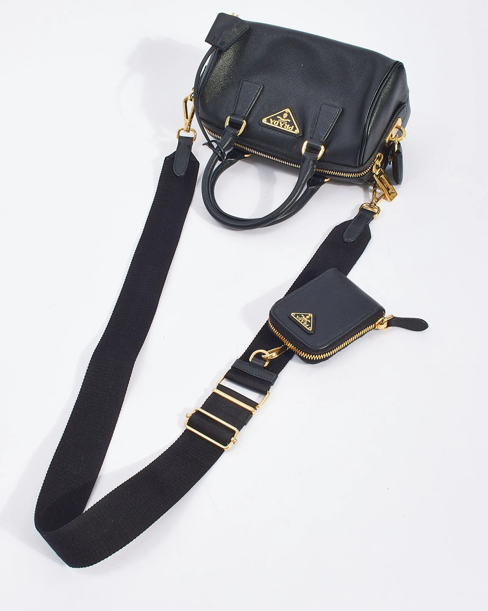 Prada Black Saffiano Leather Mini Top Handle Bowler with Strap
