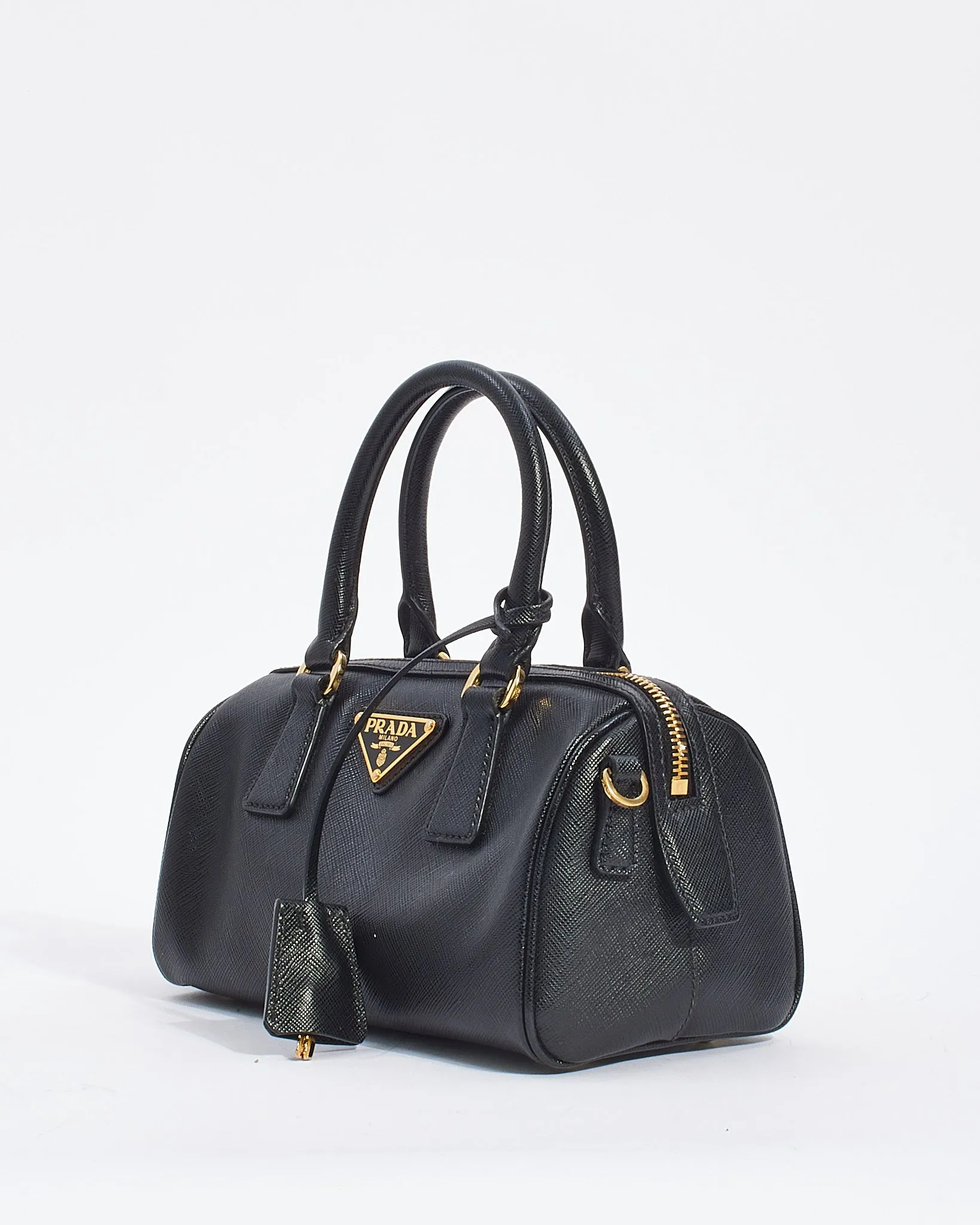 Prada Black Saffiano Leather Mini Top Handle Bowler with Strap
