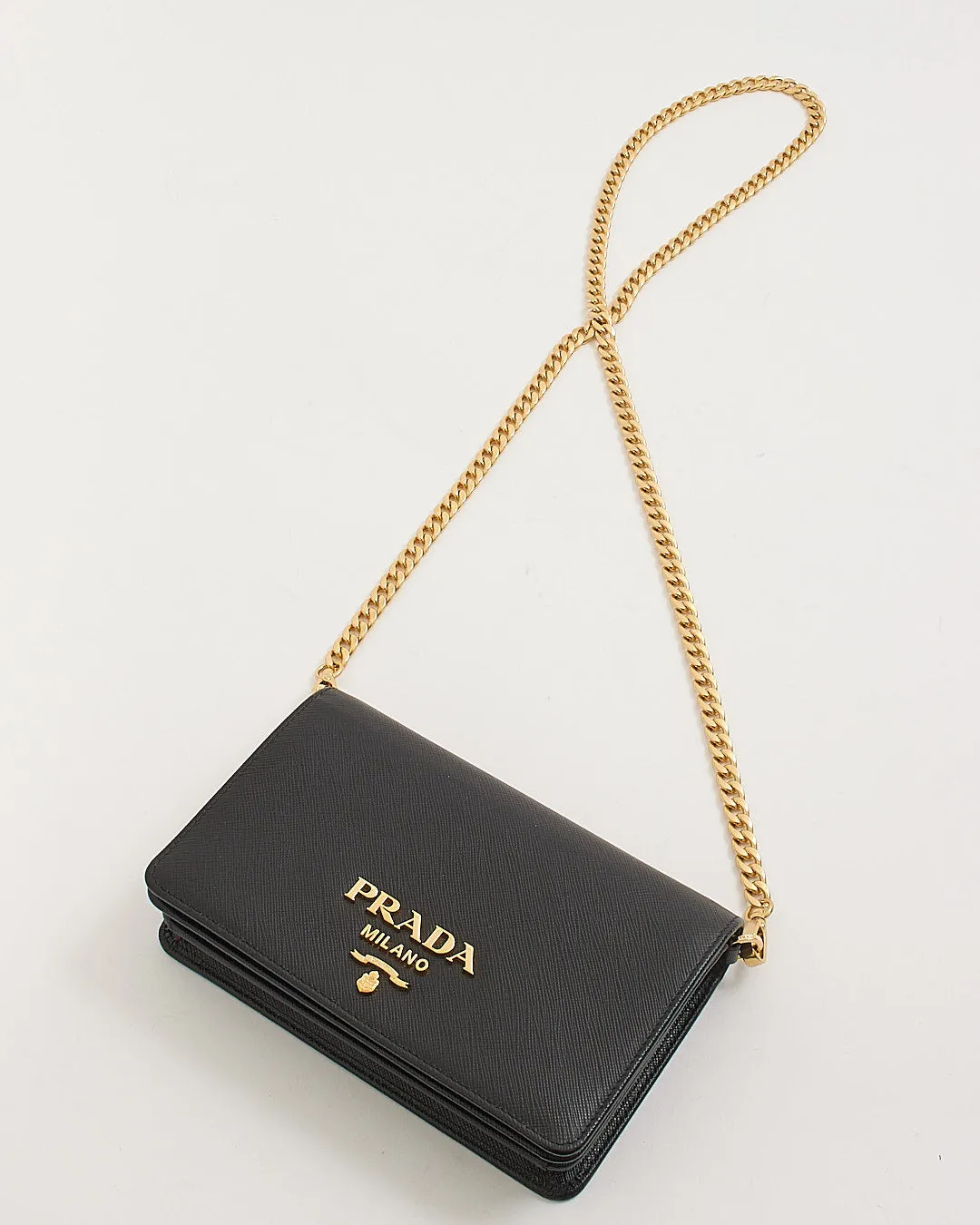 Prada Black Saffiano Leather Wallet On Chain