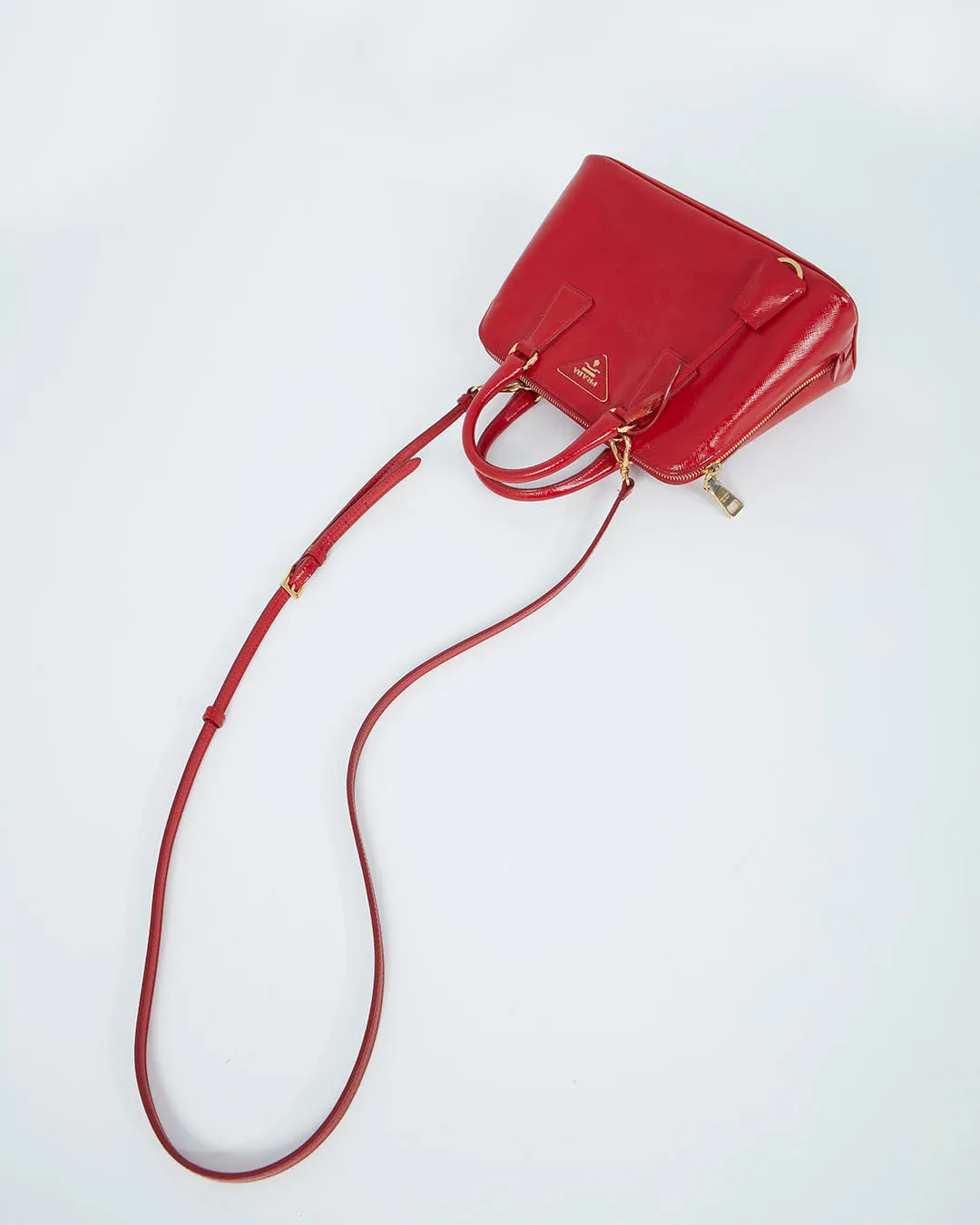Prada Red Patent Saffiano Promenade Small Top Handle Bag