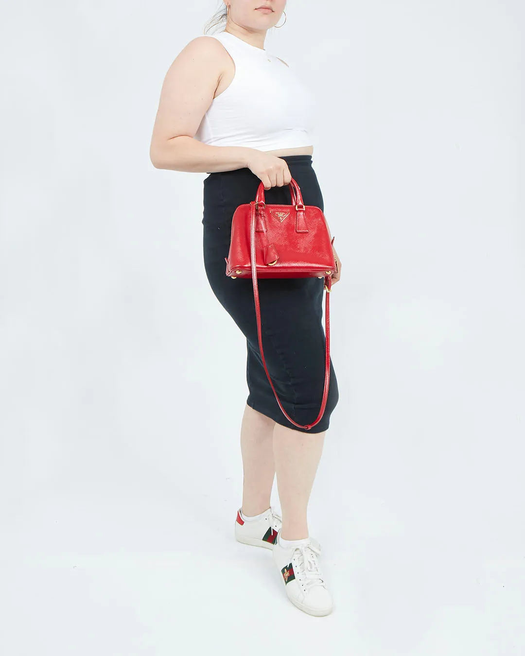 Prada Red Patent Saffiano Promenade Small Top Handle Bag