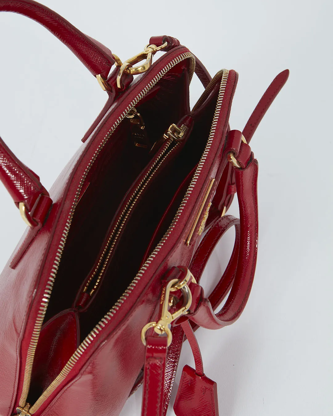 Prada Red Patent Saffiano Promenade Small Top Handle Bag