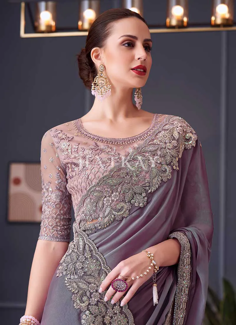 Purple And Pink Embroidery Designer Saree