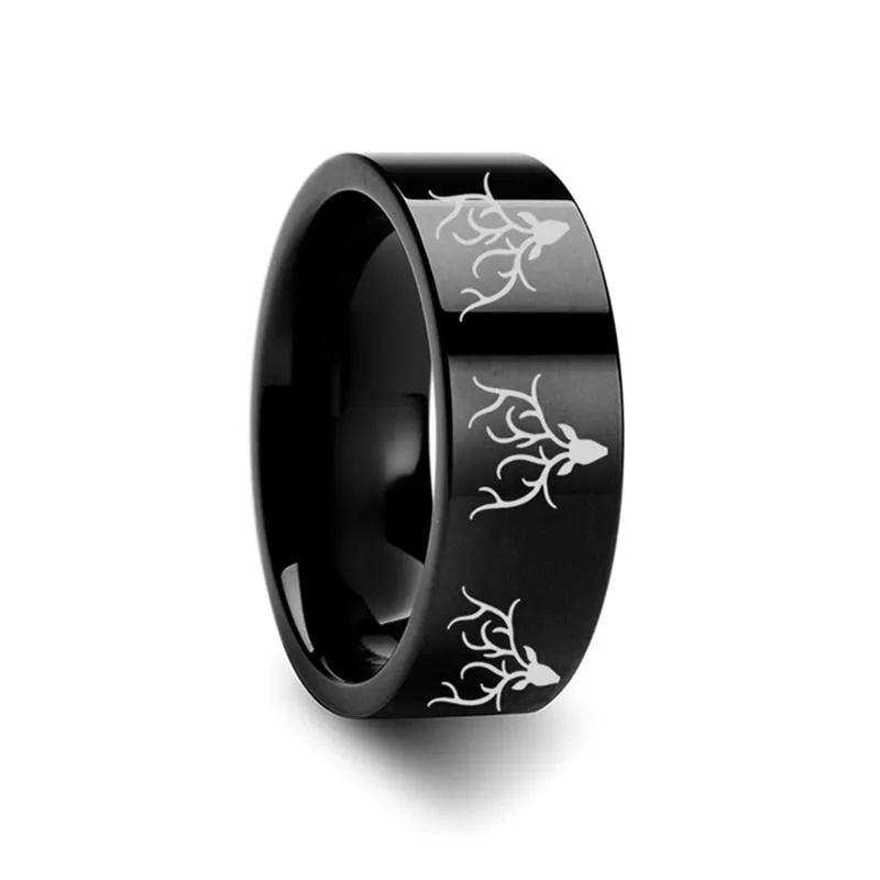 Reindeer Deer Stag Head Print Engraved Flat Tungsten Wedding Band for Men and Women - 4MM - 12MM
