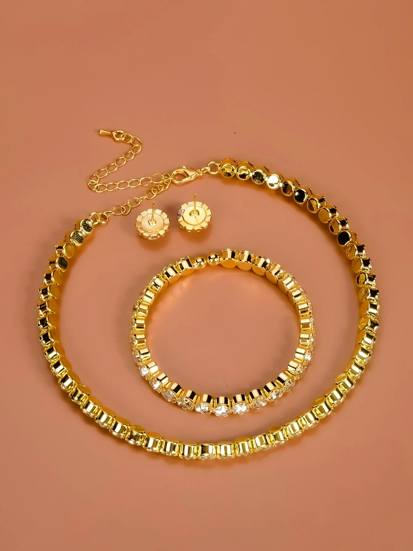 Rhinestone Decor Necklace & Bracelet & Stud Earrings