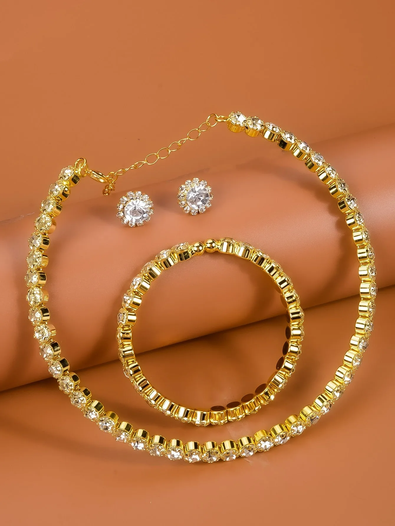 Rhinestone Decor Necklace & Bracelet & Stud Earrings